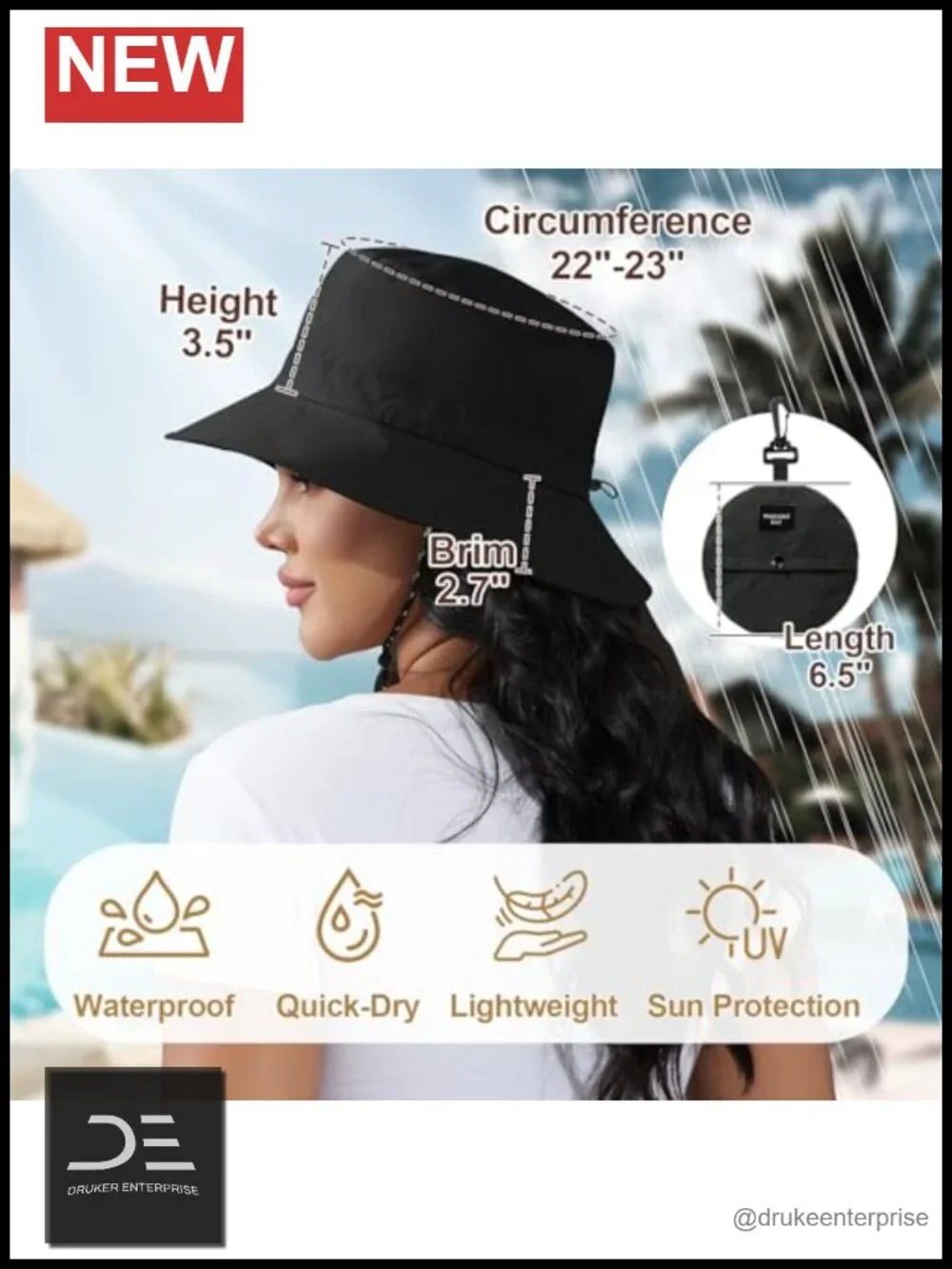 Packable Waterproof UV Protection Bucket Hat with Adjustable Chin Strap